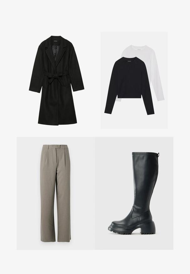 Even&Odd BELTED COAT - Casaco clássico - black; Duas camisas de manga longa: uma preta e uma branca. Ambas apresentam um decote redondo, mangas raglan e um tecido macio em mistura de algodão.; Calças largas cinza claro com uma textura suave, apresentando pregas frontais, fecho de botão e dois bolsos laterais.; Bota preta de couro alta com sola de plataforma robusta e salto bloco, apresentando puxador e padrão texturizado na sola.