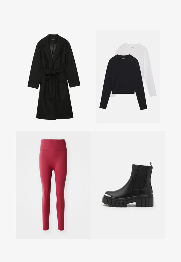 Even&Odd BELTED COAT - Classic coat - black; Two long-sleeved shirts: one black and one white. Both feature a crew neck, raglan sleeves, and a soft cotton blend fabric.; Red athletic leggings with a high, textured waistband; feature a smooth finish, fitted shape, and subtle logo detail on the side.; Black ankle boots made of smooth leather with elastic panels, a thick platform sole, and a metallic toe cap.