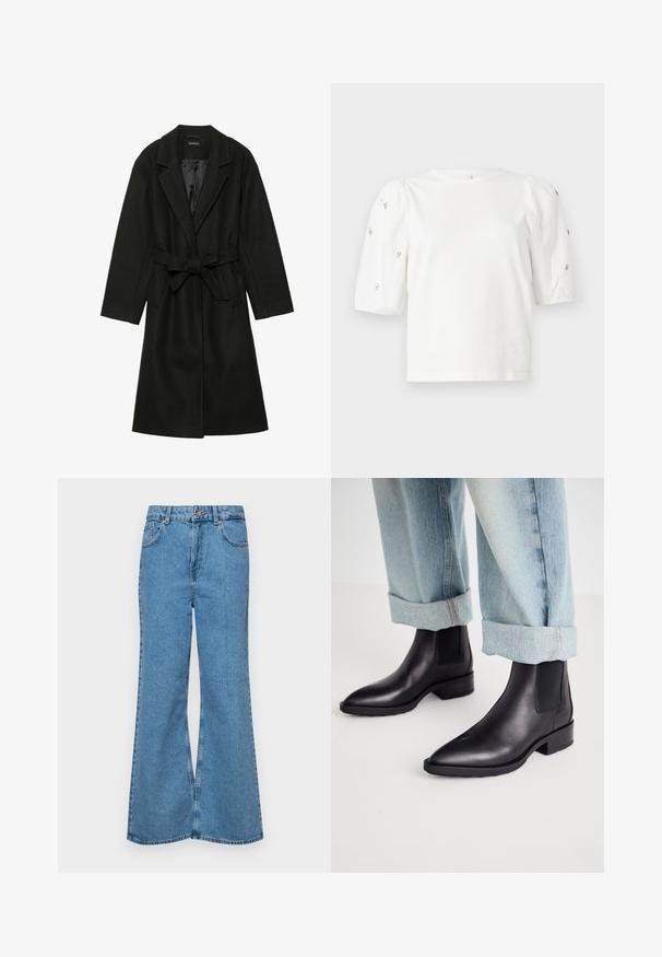 Even&Odd BELTED COAT - Klasisks mētelis - black; Balta kokvilnas t-kreklu ar īsām puff piedurknēm, ar nelieliem sudraba rotājumiem gar piedurknēm. Klasisks apaļš izgriezums, brīvā piegriezuma.; Gaiši zili, platā piegriezuma džinsi, kas izgatavoti no denima, ar augstu jostasvietu, piecām kabatām un vienu pogu. Mīksta tekstūra ar nolietotu apdari.; Melni ādas potīšu zābaki ar norādītām purngalām un elastīgiem sānu paneļiem, kas saskaņoti ar gaismas zilo rullēto džinsu biksēm, veidojot ikdienišķu apģērbu.