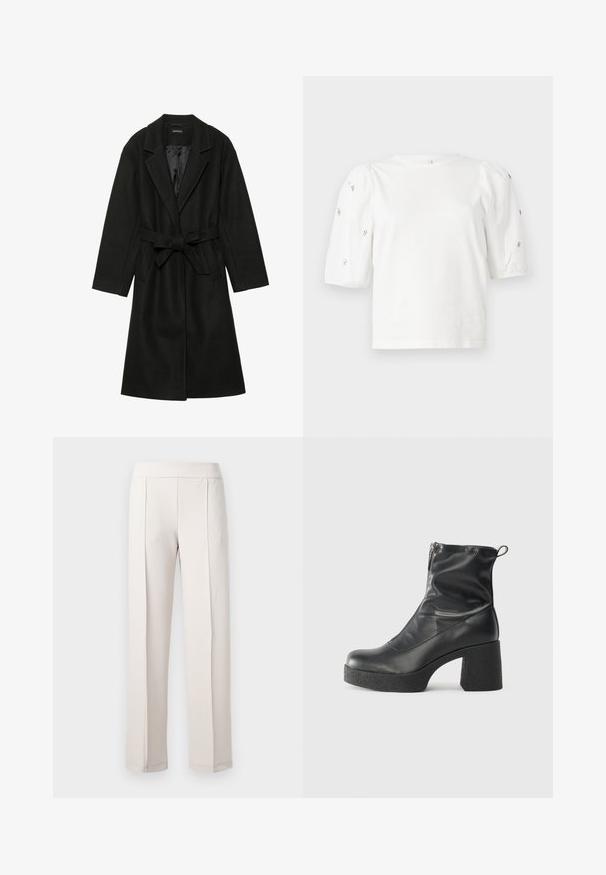 Even&Odd BELTED COAT - Manteau classique - black; T-shirt en coton blanc à manches courtes bouffantes, avec de petites embellissements en argent le long des manches. Encolure arrondie classique, coupe décontractée.; Pantalon large beige clair en tissu lisse, doté d'une taille haute, de deux plis avant et d'une finition propre et ajustée.; Bottes noires à la cheville en cuir lisse, dotées d'une fermeture éclair sur le côté, d'un talon épais texturé et d'une conception à bout rond.