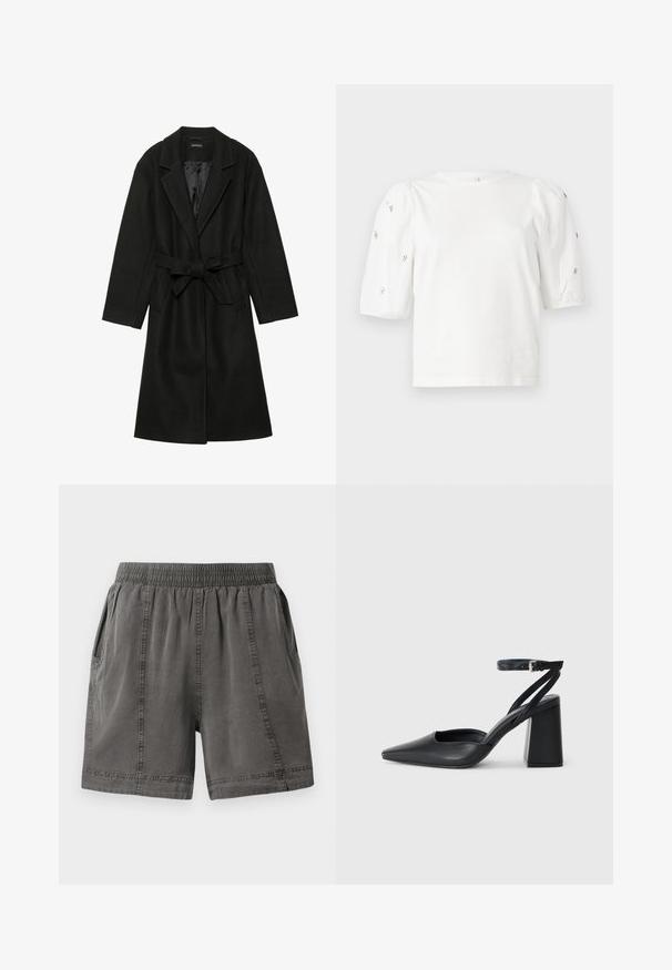 Even&Odd BELTED COAT - Klasický kabát - black; Bílý bavlněný tričko s krátkými nabíranými rukávy, zdobené malými stříbrnými detaily podél rukávů. Klasický kulatý výstřih, volný střih.; Šedé šortky z bavlněné směsi s elastickým páskem, bočními kapsami a prošívanými detaily podél švů. Měkká textura a uvolněný střih.; Černé kožené lodičky se špičatou špičkou, kotníkovým páskem a silným podpatkem. Hladká textura, elegantní design a minimalistická estetika.