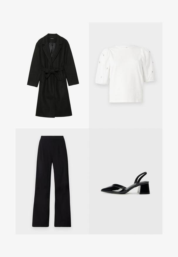 Even&Odd BELTED COAT - Classic coat - black; White cotton t-shirt with short puff sleeves, featuring small silver embellishments along the sleeves. Classic round neckline, relaxed fit.; Black wide-leg trousers made from a smooth, lightweight fabric. Features a high waistband and front pleat detailing for added structure.; Black patent leather slingback heels with a pointed toe and a geometric block heel. Features a sleek, minimal design and smooth texture.