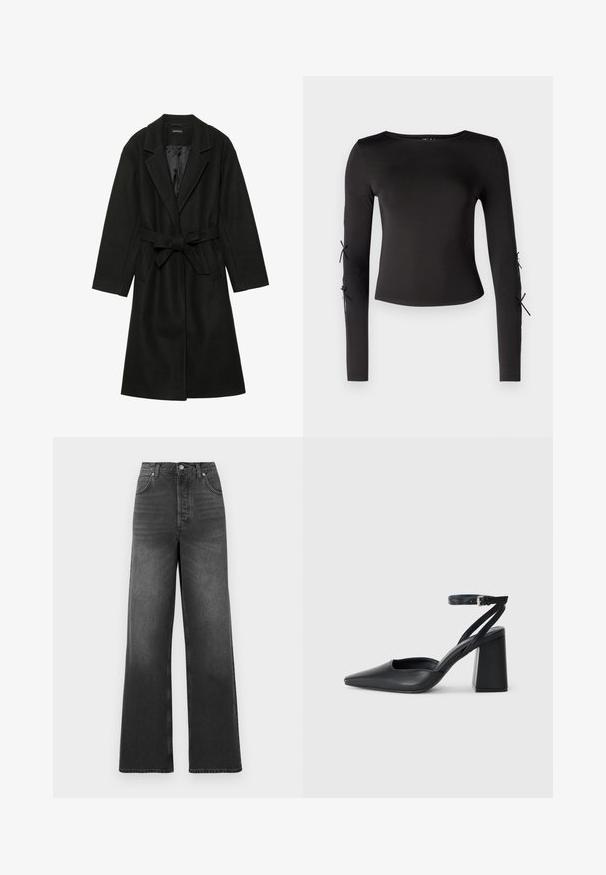 Even&Odd BELTED COAT - Classic coat - black; Black long-sleeve top with a round neckline. Features adjustable ties at the sleeves, crafted from a smooth, stretchy fabric.; High-waisted, wide-leg jeans made of dark gray denim. Features a classic five-pocket design and stitched hem detailing.; Black leather pointy-toe pump with an ankle strap and a chunky heel. Flat texture, sleek design, and minimalistic aesthetics.