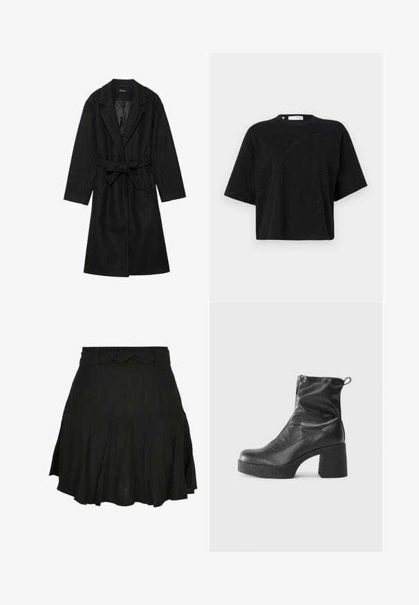 Even&Odd BELTED COAT - Klassisk kåpe / frakk - black; Svart T-skjorte med korte ermer og rund hals, med subtile, buede sømmer og en avslappet, boksformet passform. Laget av bomull.; Svart skjørt med en utsvingt design, som har en knytting i midjen og lett stoff som skaper myke draperinger i kanten.; Svarte ankelstøvler laget av glatt lær, med glidelås på siden, chunky strukturert hæl, og rund tå-design.