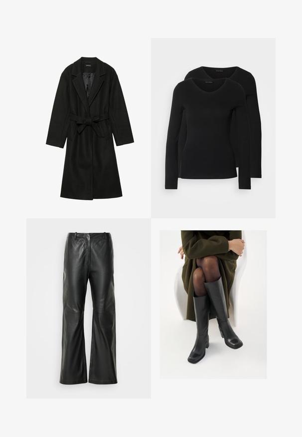 Even&Odd BELTED COAT - Classic coat - black; Two black long-sleeve shirts with a V-neck design, made of soft, stretchy fabric, showing smooth texture and a fitted shape.; Black leather wide-leg pants with a smooth texture, featuring a mid-rise waistband and minimal stitching detail on the front.; Knee-high black leather boots with a squared toe and block heel, shown with a model seated in an olive green coat. Smooth texture, minimal detailing.