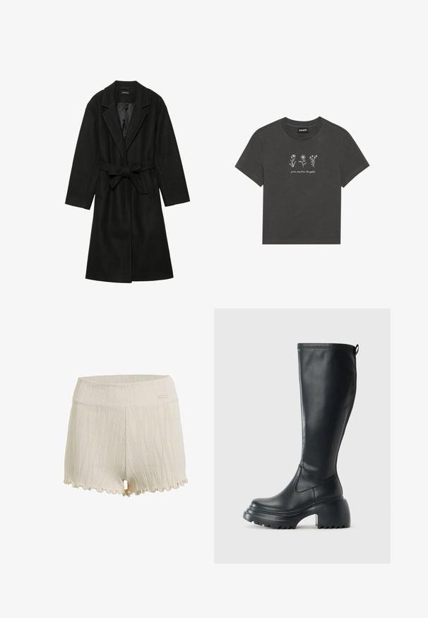 Even&Odd BELTED COAT - Klasičan kaput - black; Tamnocrna majica od mekog pamuka, s bijelim izvezenim cvjetovima i natpisom "njeguj pozitivne misli" ispod dizajna.; Pamuk šorc u boji slonovače s teksturiranim vertikalnim crtama, valovitim rubom i glatkim pojasom s malim logotipom.; Visoke crne kožne čizme s debelim platformskim đonom i blok petom, s patentom za povlačenje i teksturiranim uzorkom na potplatu.