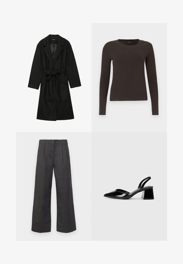 Even&Odd BELTED COAT - Casaco clássico - black; Top castanho de manga longa em malha com decote redondo. Feito de um material suave e elástico, apresentando um silhueta ajustada e detalhes mínimos.; Calças de perna larga em tecido preto, com cintura alta, pregas frontais e bolsos discretos. Textura suave com um acabamento limpo.; Sandy em verniz preto com salto slingback, ponta afilada e salto geométrico. Apresenta um design elegante e minimalista com textura suave.