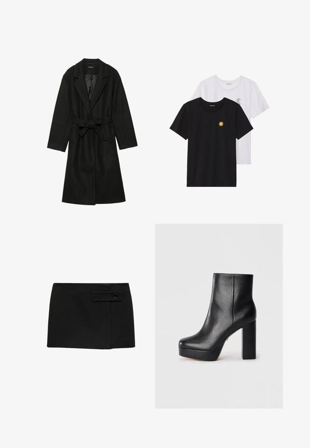 Even&Odd BELTED COAT - Klasický kabát - black; Černé a bílé trička, kulatý výstřih, krátké rukávy. Černé tričko má žlutou výšivku slunce; bílé má fialový akcent měsíce v podobě půlměsíce.; Černá mini sukně s hladkou texturou, s boční kapsou a černým knoflíkem na přední straně.; Černé kožené platformové kotníkové boty se čtveratou špičkou a silným vysokým blokovým podpatkem, zobrazené z boku na bílém pozadí.