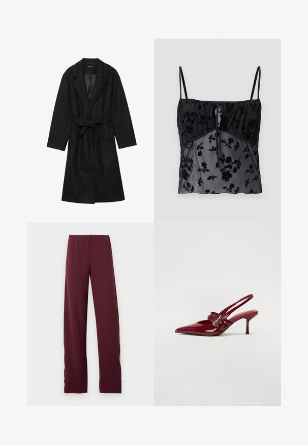 Even&Odd BELTED COAT - Mantel - black; Zwarte cami-top met dunne bandjes, voorzien van een bloemenpatroon. Gemaakt van doorzichtig materiaal met donkere bloemtexturen, gathered bij de buste met een strikdetail.; Bordeaux kleurige sportbroeken met een elastische tailleband, voorzien van een contrasterende olijfgroene zijstripe, rechte pijpen en een gladde textuur.; Rode gepatenteerde leren slingbackhakken met een spitse neus, twee gespsluitingen en een slanke, middelhoge stilettohak. Glad textuur.
