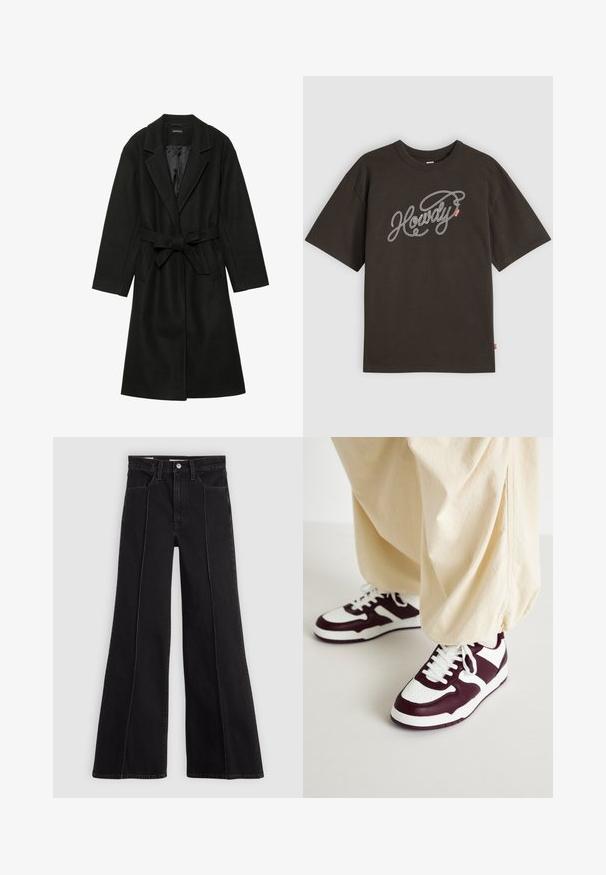 Even&Odd BELTED COAT - Klassischer Mantel - black; Dunkelbraunes kurzärmeliges Baumwoll-T-Shirt mit weißer "Howdy"-Stickerei und einem kleinen roten Etikett an der Seite. Rundhalsausschnitt-Design.; Schwarz hohe Taillenweite Jeans mit breitem Bein und Frontnahtdetails, Knopfverschluss, Gürtelschlaufen und frontalen Taschen auf einem schlichten hellen Hintergrund.; ONLY SHOES ONLSWIFT - Sneaker low - white/dark red