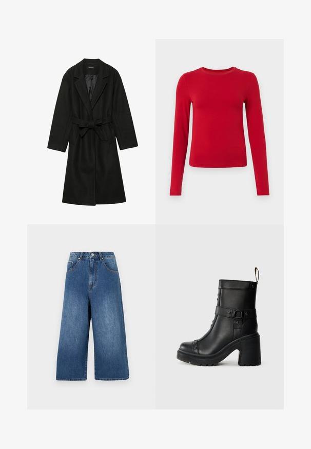 Even&Odd BELTED COAT - Klasikinis paltas - black; Raudonas ilgos rankovės marškinėlis, pagamintas iš tamprios medžiagos, su apvaliu kaklu ir prigludusia siluetu. Lygi tekstūra be matomų raštų.; Džinsiniai kulotai vidutinio mėlynumo, su aukštu liemeniu, plačiomis kojomis, penkiomis kišenėmis ir švelniu išblukimu, su metaliniu mygtuku ir užtrauktuku.; Juodos odinės kulkšninių botų su storu aukštu kulnu, šoninėmis sagtimis ir dekoratyvinėmis studelėmis priekyje. Tekstūruotas gumos padas.