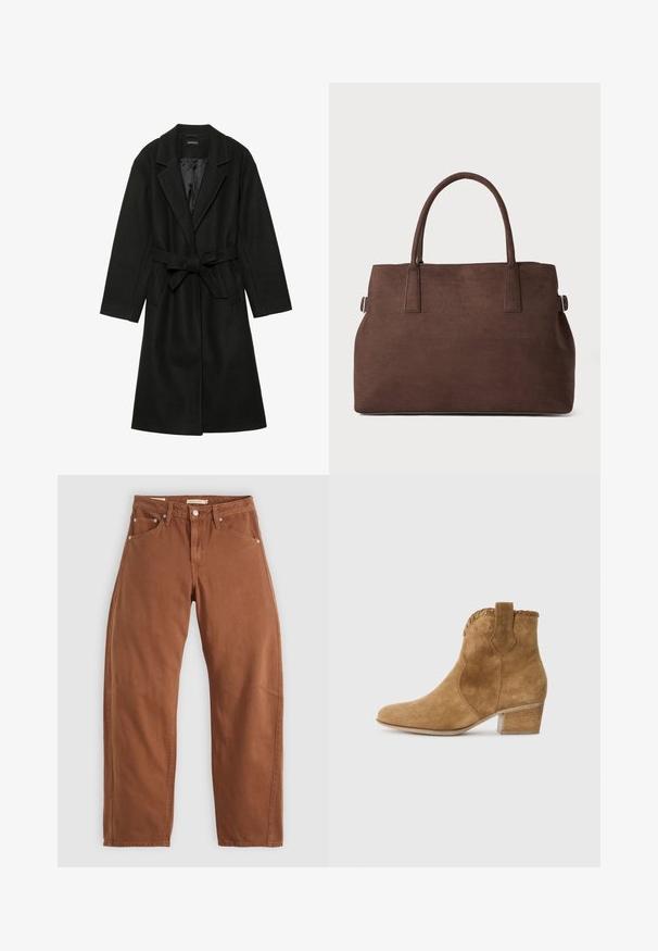 Even&Odd BELTED COAT - Casaco clássico - black; T-shirt branco de manga curta feito de algodão. Apresenta um design clássico de gola redonda e um corte ajustado com uma textura suave. Rótulo da marca visível.; Calças de ganga retas em tom de ferrugem com bolsos frontais e traseiros, rebites metálicos, fecho de botão e passadores de cinto, dispostas em plano sobre um fundo branco.; Bota ankle em camurça bege com bico fino, acabamento texturizado no colarinho e salto bloco. Apresenta uma aba para facilitar o calce.; Bolsa tote em efeitos de camurça castanha, com duas alças robustas, uma forma estruturada e um design minimalista, apresentando sutis acabamentos de costura.