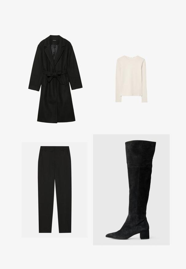 Even&Odd BELTED COAT - Klassisk kappa / rock - black; Ljusbeige långärmad topp i mjukt material, med rund halsringning och en avslappnad passform med rak nederkant och minimal sömdekoration.; Svarta byxor med skräddarsydd design, med sidofickor och raka ben. Tillverkade av ett mjukt, lätt tyg med en stilren finish.; Svarta över knäna stövlar i mocka, med spetsig tå och klack. Slät yta med vertikala sömdetaljer.