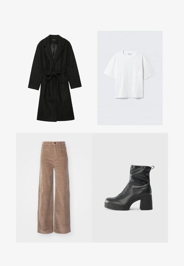 Even&Odd BELTED COAT - Cappotto classico - black; T-shirt bianco a maniche corte in morbido cotone, con scollatura rotonda e vestibilità rilassata con orlo dritto, semplice e senza fantasie o grafiche.; ONLY HOPE GLOBAL HW EBBA POCKETS - Pantaloni - fossil; Stivali neri alla caviglia in pelle liscia, con zip laterale, tacco spesso e texture, e punta arrotondata.