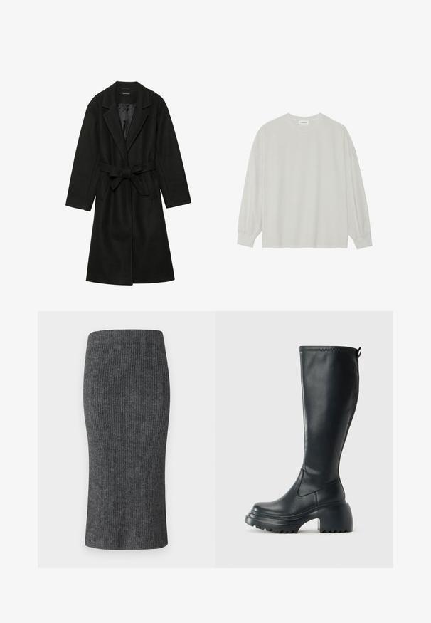 Even&Odd BELTED COAT - Abrigo clásico - black; Camiseta de manga larga gris claro hecha de algodón suave. Presenta un corte holgado, cuello redondo y puños ligeramente fruncidos. Sin patrones ni gráficos.; Falda lápiz de canalé gris con forma ajustada, cintura alta y textura suave. Diseñada para una silueta estilizada.; Bota alta de cuero negro con suela de plataforma gruesa y tacón cuadrado, que cuenta con una lengüeta y un relieve texturizado en la suela exterior.