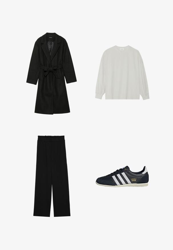 Even&Odd BELTED COAT - Klassisk kåpe / frakk - black; Lys grå langermet t-skjorte laget av myk bomull. Har en løs passform, rund hals og forsiktig samlet mansjetter. Ingen mønstre eller grafikk.; Svarte vide bukser med rynket liv, med to sidelommer og et glatt, lett stoff. Ingen synlige mønstre eller metalldeler.; Sorte lær sneakers med tre hvite striper, teksturert overflate, gull "adidas JAPAN" logo, og gummisåle med gripe mønster.