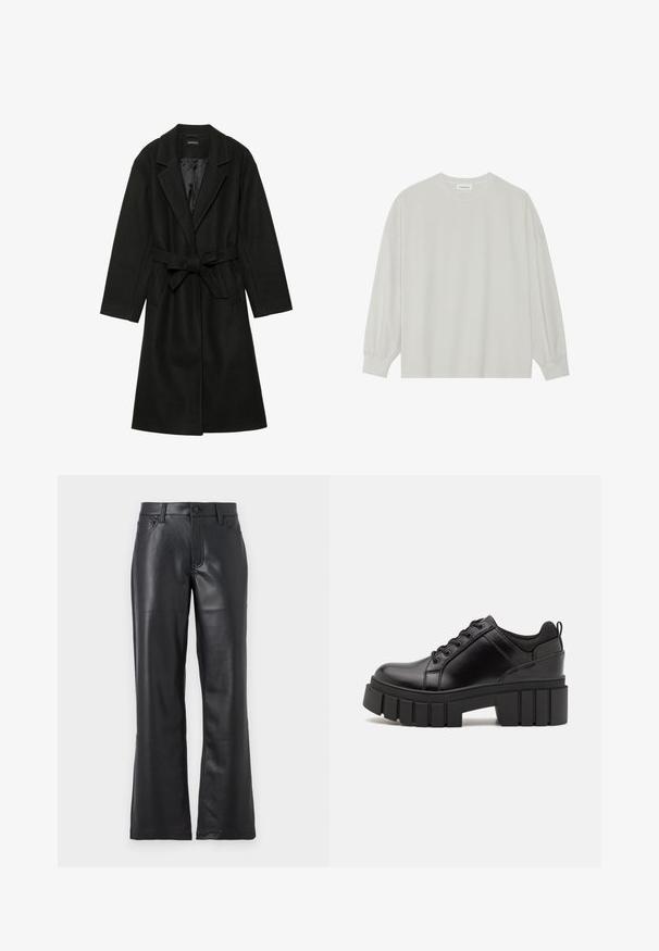 Even&Odd BELTED COAT - Klassisk kåpe / frakk - black; Lys grå langermet t-skjorte laget av myk bomull. Har en løs passform, rund hals og forsiktig samlet mansjetter. Ingen mønstre eller grafikk.; Sorte lærbukser med en udvidet design, der har forlommer, bæltestropper og en knaplukning. Glat tekstur med synlig syning.; Svarte lærplattformsko med kraftig blokkhell, rund tå og tradisjonell snøring. Har en jevn tekstur og minimal detaljering.