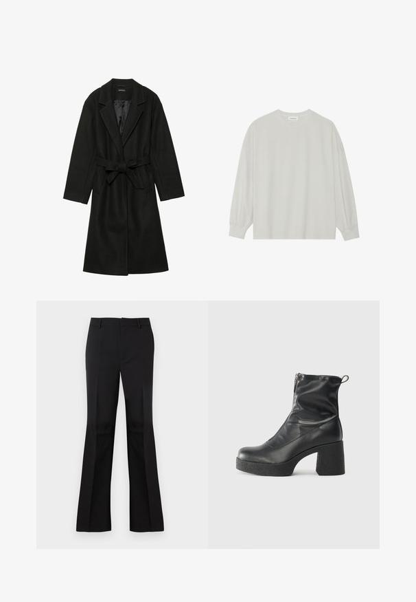 Even&Odd BELTED COAT - Klasisks mētelis - black; Gaišpelēka garām piedurknēm t-krekls, kas izgatavots no mīkstas kokvilnas. Iezīmē vaļīgu piegriezumu, apaļu kakla izgriezumu un viegli saplacinātas piedurknes. Nav rakstu vai grafikas.; Melnas flared bikses, izgatavotas no gludas auduma, ar plakanu priekšpusi, sānu kabatām un klasisku jostas vietu ar jostu cilpiņām.; Melni potītes zābaki, kas izgatavoti no gludas ādas, ar sānu rāvējslēdzēju, masīvu strukturētu papēdi un noapaļotu purngalu.