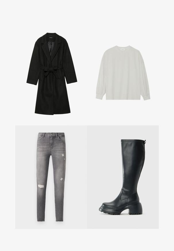 Even&Odd BELTED COAT - Klassisk kåpe / frakk - black; Lys grå langermet t-skjorte laget av myk bomull. Har en løs passform, rund hals og forsiktig samlet mansjetter. Ingen mønstre eller grafikk.; Smarte jeans i falmet grå denimmateriale, med slitte rifter på begge knærne og en lett frynset nederkant. Klassisk 5-lommers design.; Høy svart lærstøvel med chunky plattformsåle og blokkhelt, med trekkstang og teksturert mønster på yttersålen.