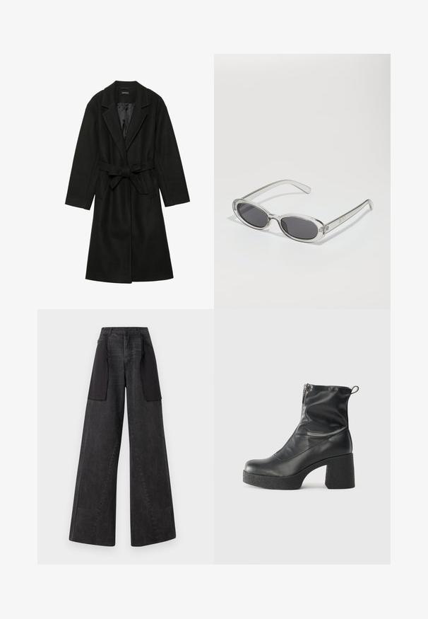 Even&Odd BELTED COAT - Classic coat - black; Light gray long-sleeve t-shirt made of soft cotton. Features a loose fit, round neckline, and gently gathered cuffs. No patterns or graphics.; Wide-leg jeans made of dark denim with black fabric panels on the sides, featuring a high waist and visible stitching details.; Black ankle boots made of smooth leather, featuring a side zipper, chunky textured heel, and rounded toe design.; Sunglasses with an oval shape, clear plastic frame, dark gray lenses, and thin transparent arms featuring logo accents and minimal detailing.