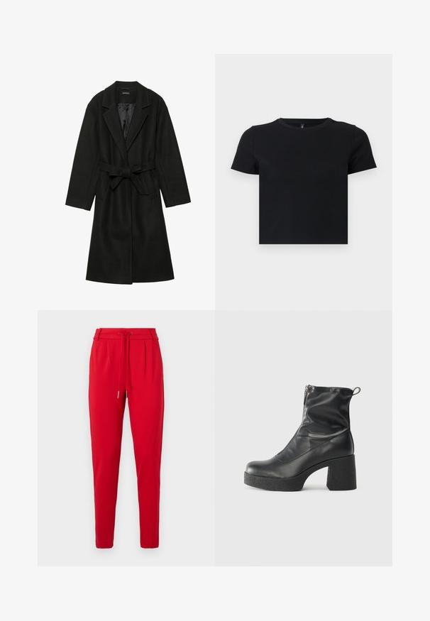 Even&Odd BELTED COAT - Classic coat - black; Black short-sleeve t-shirt made from soft cotton. Features a round neckline and a fitted design. Smooth texture without patterns or accents.; Red, tapered pants with a drawstring waistband and pleats at the front, displayed on a white background.; Black ankle boots made of smooth leather, featuring a side zipper, chunky textured heel, and rounded toe design.