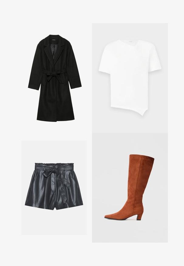 Even&Odd BELTED COAT - Klasikinis paltas - black; Balta trumpa rankovėmis marškinėliai, pagaminti iš medvilnės. Pasižymi asimetriška apatine kraštine ir nedideliu V formos kaklu be siūlų. Glotni tekstūra.; Juodos oda šortai su aukštu liemeniu, elastinga juosta, nuimama juostos diržu ir lygia tekstūra. Yra lygus priekinis dizainas ir šoninės kišenės.; Rudos zomšos aukštakulniai batai iki kelių su smailiu pirštu ir mažu blokiniu kulnu, pasižymintys lygiu paviršiumi ir minimalistišku dizainu.