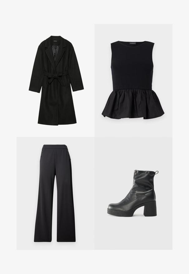 Even&Odd BELTED COAT - Klasický kabát - black; Černý bezrukávový top s žebrovanou horní částí a rozšířeným, nabíraným peplum spodním dílem. Hladká textura s jednobarevným provedením.; Černé široké kalhoty s vysokým pasem a dekorativními knoflíky po stranách, vystavené ploché na jednoduchém pozadí.; Černé kotníkové boty vyrobené z hladké kůže, s bočním zipem, robustním strukturovaným podpatkem a kulatou špičkou.