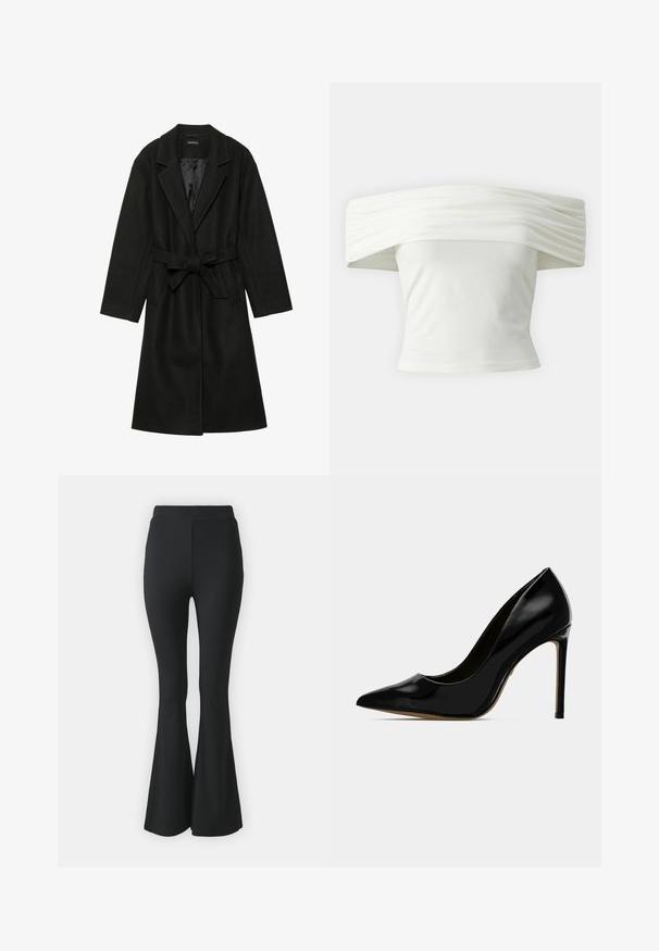 Even&Odd BELTED COAT - Palton clasic - black; Bluză albă cu umerii la vedere, cu guler plisat și structurat, și bust ajustat. Realizată dintr-un material moale, cu o textură netedă.; Pantaloni negri evazați dintr-un material elastic. Au o talie înaltă și un design neted, ajustat care se lărgește de la genunchi în jos.; Pantofii cu toc înalt din piele lacuită neagră, cu vârful ascuțit și un design elegant, dispunând de un toc stiletto de 10 cm și o finisare netedă, lucioasă.