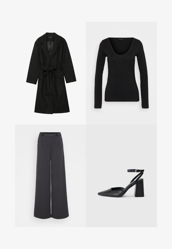 Even&Odd BELTED COAT - Mantel - black; Zwarte longsleeve top van zachte stof. Heeft een V-halslijn en een getailleerde pasvorm, met een gladde textuur en minimale stikseldetails.; Wijdvallende broek in donkergrijs stof. Heeft plooien aan de voorkant en twee decoratieve knopen op de tailleband. Soepele textuur en op maat gemaakte pasvorm.; Zwarte leren puntige pump met een enkelbandje en een chunky hak. Vlakke textuur, strakke vormgeving en minimalistische esthetiek.
