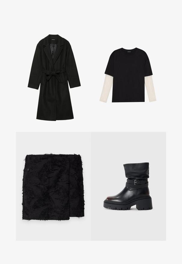 Even&Odd BELTED COAT - Klasični plašč - black; Črna majica iz bombaža s kratkimi rokavi, ki pokriva belo dolgi rokav z subtilnim teksturiranim vzorcem. Oblika izrezanega vratu.; Črna krila iz teksturirane tkanine s cufanjem. Kvadratna oblika, dolžina nad koleni in stranski gumbni detajl.; Črne usnjene gležnjarje s sproščenim zgornjim delom, podrobnostjo z zaponko in debelim, robustnim podplatom. Imajo okroglo konico in gladko teksturo.