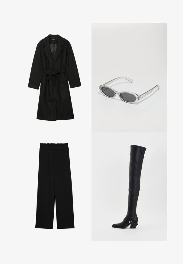 Even&Odd BELTED COAT - Abrigo clásico - black; Camiseta negra de algodón, con mangas cortas sobre una capa blanca de manga larga con un patrón texturizado sutil. Diseño de escote redondeado.; Pantalones de pierna ancha negros con una cintura con volantes, que cuentan con dos bolsillos laterales y una tela suave y ligera. Sin patrones visibles ni accesorios.; Bota de cuero negra por encima de la rodilla con punta cuadrada, tacón cuadrado y correa con hebilla lateral. Textura suave con una silueta ajustada.; Gafas de sol con forma ovalada, montura de plástico transparente, lentes gris oscuro y patillas delgadas y transparentes con acentos de logotipo y un diseño minimalista.