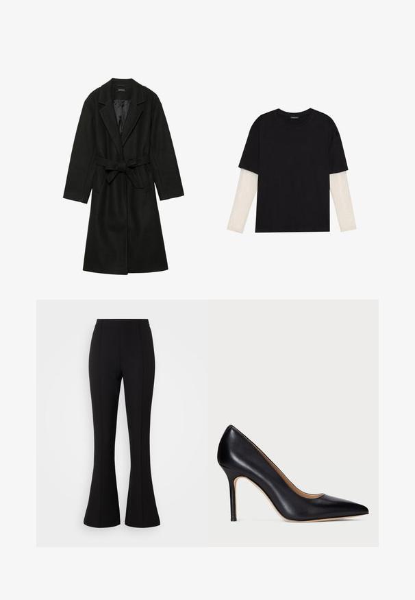 Even&Odd BELTED COAT - Casaco clássico - black; T-shirt preta de algodão, com mangas curtas sobre uma camada de mangas longas branca com um padrão texturizado subtil. Design de decote redondo.; Calças largas pretas feitas de um tecido elástico, com uma textura suave, cintura alta e detalhes de costura na frente.; Pump de salto alto em couro preto com bico pontiagudo e salto stiletto esbelto. A textura suave e o mínimo de detalhes criam um design clássico.