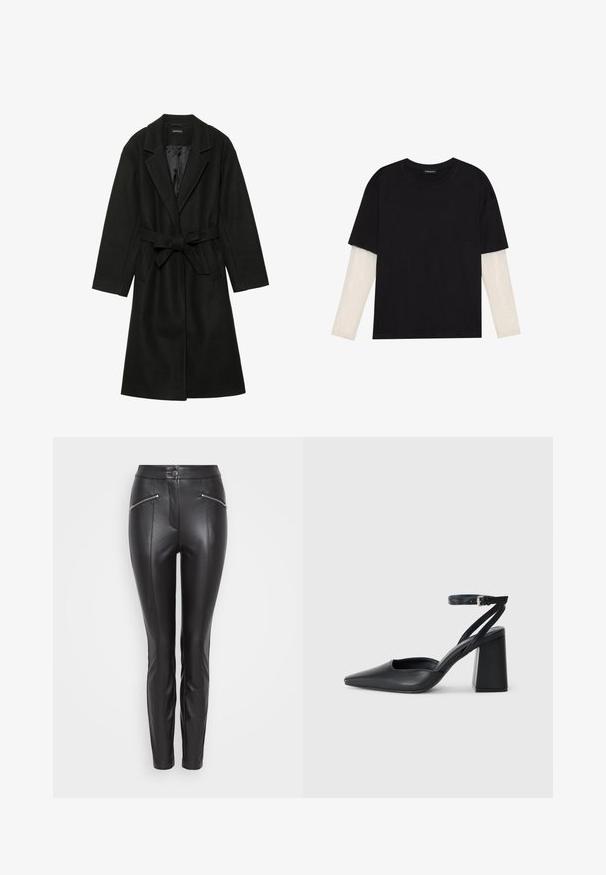 Even&Odd BELTED COAT - Klasični plašč - black; Črna majica iz bombaža s kratkimi rokavi, ki pokriva belo dolgi rokav z subtilnim teksturiranim vzorcem. Oblika izrezanega vratu.; Črne usnjene hlače s ožjim krojem, ki imajo navpične šive, žep z zadrgo na obeh straneh in gumbasto zapiranje v pasu.; Črne usnjene klasične čevlje z ostrim nosom, z zaponko za gleženj in debelim peto. Ravna tekstura, eleganten dizajn in minimalistična estetika.