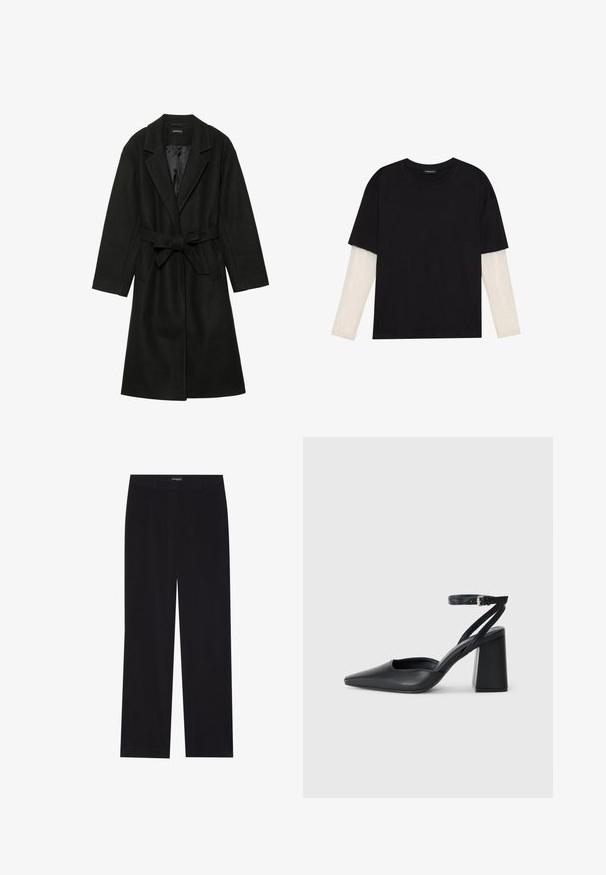 Even&Odd BELTED COAT - Klassikaline mantel - black; Mustmust särk, mis on valmistatud puuvillast, lühikeste varrukatega, valge pika varrukaga kihi peal, millel on peene tekstuuriga muster. Ümar kaelus.; Mustad sametpüksid sirge lõikega, lame vöökoht, ilma nähtavate taskuteta, sile tekstuur ja vertikaalne soonikute detail.; Mustmustest must-käigukingad, millel on konksuga nöör ja paks konts. Ühtlane tekstuur, stiilne disain ja minimalistlik esteetika.