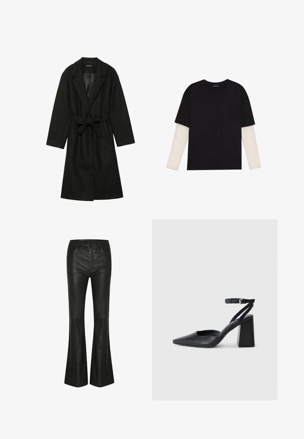 Even&Odd BELTED COAT - Klasický kabát - black; Černé tričko z bavlny s krátkým rukávem, pod kterým je bílá podvlékací halenka s dlouhým rukávem a jemným texturovaným vzorem. Design s kulatým výstřihem.; Černé kožené rozšířené kalhoty s vysokým pasem, předními kapsami, hladkým povrchem a prošíváním podél švů.; Černé kožené lodičky se špičatou špičkou, kotníkovým páskem a silným podpatkem. Hladká textura, elegantní design a minimalistická estetika.