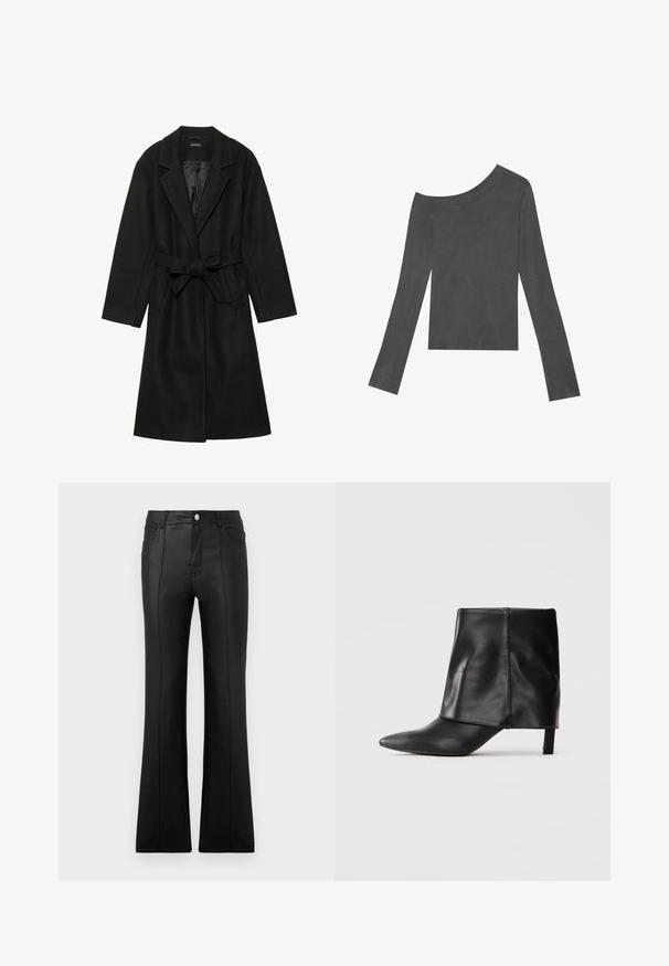 Even&Odd BELTED COAT - Casaco clássico - black; Top cinza de mangas longas com design à mostra dos ombros. Feito em tecido suave com uma textura lisa e uma bainha cortada reta.; Calças pretas com estilo flare, feitas de material sintético suave, apresentando uma cintura alta, bolsos frontais e costuras visíveis ao longo das pernas.; Bota de couro preta até o meio da panturrilha com bico fino, parte superior dobrada e salto baixo e esguio, em fundo branco.