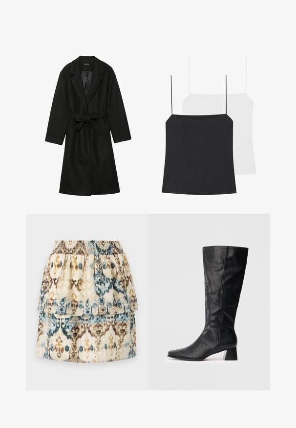 Even&Odd BELTED COAT - Klassinen takki - black; Kaksi topin tapaista esitellään: yksi musta ja yksi valkoinen. Molemmissa on ohuet olkaimet ja ne ovat tiukasti istuvia, valmistettu sileästä ja joustavasta kankaasta.; Kerroskointihame beigen värissä, jossa on ikat-kuvio sinisen ja ruskean sävyissä. Tässä on kuminauhavyötärö ja röyhelöhelma, jotka lisäävät tekstuuria.; Musta nahkainen keskipitkä saapas, jossa on terävä kärki ja pömpöti korko vaalealla taustalla.