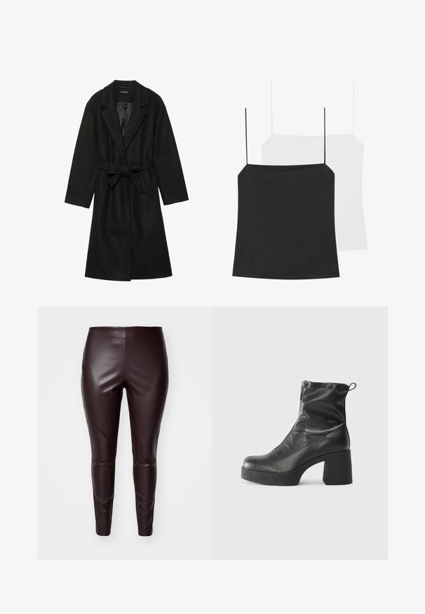 Even&Odd BELTED COAT - Klasszikus kabát - black; Két camisole top látható: egy fekete és egy fehér. Mindkettő vékony pántokkal és testhez simuló kialakítással rendelkezik, sima, rugalmas anyagból készültek.; Barna műbő leggings sima textúrával, testhezálló kialakítással és térd részletekkel, magas derékkal és szűkített lábnyílásokkal.; Fekete bokacsizmák sima bőrből, oldalsó cipzárral, vastag, texturált sarkú és lekerekített orrú dizájnnal.