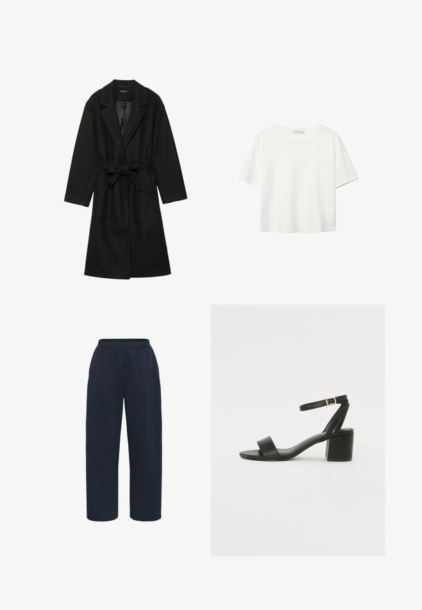 Even&Odd BELTED COAT - Klasičan kaput - black; Bijela majica kratkih rukava od pamuka. Ima okrugli izrez i opušteni kroj. Glatka tekstura bez vidljivih uzoraka ili naglasaka.; Kaffe Donji dijelovi trenirke - midnight marine; Crne sandale na visoku petu s glatkim kožnim gornjim dijelom, otvorenom kapicom, širokim prednjim trakama i podesivim remenom oko gležnja s detaljem zlatne kopče.