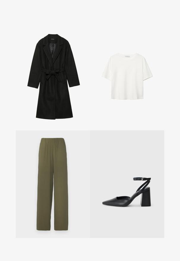 Even&Odd BELTED COAT - Klasični plašč - black; Bela kratka majica s kratkimi rokavi iz bombaža. Ima okroglo izrezovanje in sproščen kroj. Gladka tekstura brez vidnih vzorcev ali poudarkov.; Široke hlače v olivno zeleni barvi, z elastiko v pasu, izdelane iz gladke tkanine z drape učinkom in brez vidne opreme.; Črne usnjene klasične čevlje z ostrim nosom, z zaponko za gleženj in debelim peto. Ravna tekstura, eleganten dizajn in minimalistična estetika.
