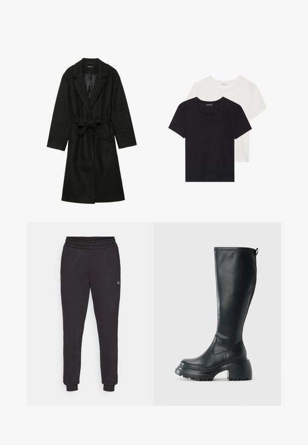 Even&Odd BELTED COAT - Klassisk kåpe / frakk - black; To t-skjorter med korte ermer i svart og hvitt. Laget av myk bomull, med rund hals og standard passform med minimale sømdetaljer.; Svarte joggebukser med elastisk liv, smalere ben og en liten logo-tag på siden. Laget av myk, strukturert bomullsstoff.; Høy svart lærstøvel med chunky plattformsåle og blokkhelt, med trekkstang og teksturert mønster på yttersålen.