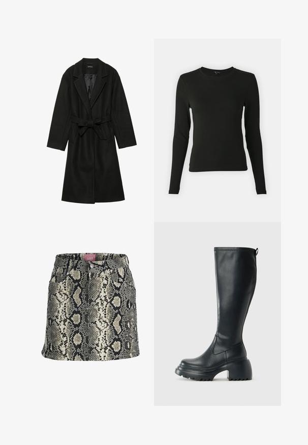 Even&Odd BELTED COAT - Klasický kabát - black; Halenka s dlhým rukávom v čiernej farbe, vyrobená z hladkej látky, so zaobleným výstrihom a priliehavým strihom, bez viditeľných vzorov alebo akcentov.; Sukňa s priliehavým strihom v béžovom a čiernom hadom vzore, so zapínaním na gombík, pútkami na opasok a štyrmi funkčnými vreckami.; Vysoká čierna kožená čižma s masívnou platformou a blokovým podpätkom, s praktickým pútkom a textúrovaným vzorom na podošve.