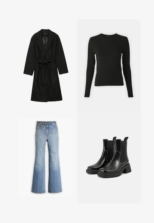 Even&Odd BELTED COAT - Klassisk kåpe / frakk - black; Langermet svart skjorte laget av glatt stoff, med rund halslinning og innsnevret passform, uten synlige mønstre eller aksenter.; Lys blå denim flared jeans med høy midje, som har en knapp- og glidelås-lukking, frontlomme og oppbrettede kanter nederst.; Sorte lær Chelsea støvler med en kraftig hæl, elastiske sidepaneler og kontrasterende hvid syning. Teksturert overflate.