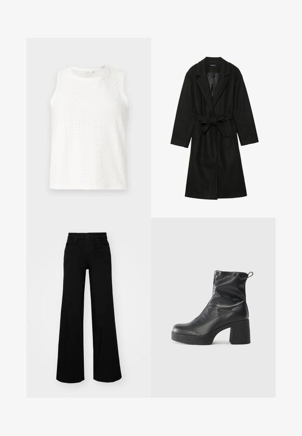 Even&Odd BELTED COAT - Klassikaline mantel - black; Valge ilma varrukateta topp, millel on silmade mustrid, ümar kaelus ja sirge lõige. Valmistatud kerge kangast, millel on sile tekstuur.; Mustad mustad püksid, mis on valmistatud denimist, struktuurse vöökohtade, vöökootidega ja esikottidega. Sile tekstuur klassikalise disainiga.; Mustad mustad ansapüksid, mis on valmistatud siledast nahast, külje zipperiga, paksu tekstuuriga kontsaga ja ümmarguse nina disainiga.