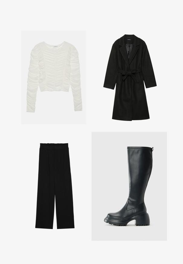 Even&Odd BELTED COAT - Casaco clássico - black; Blusa de manga longa branca com detalhe de tecido franzido, decote redondo e design ajustado. Material macio e texturizado com franzido nas mangas.; Calças largas pretas com um cinto franzido, apresentando dois bolsos laterais e um tecido suave e leve. Sem padrões ou ferragens visíveis.; Bota preta de couro alta com sola de plataforma robusta e salto bloco, apresentando puxador e padrão texturizado na sola.