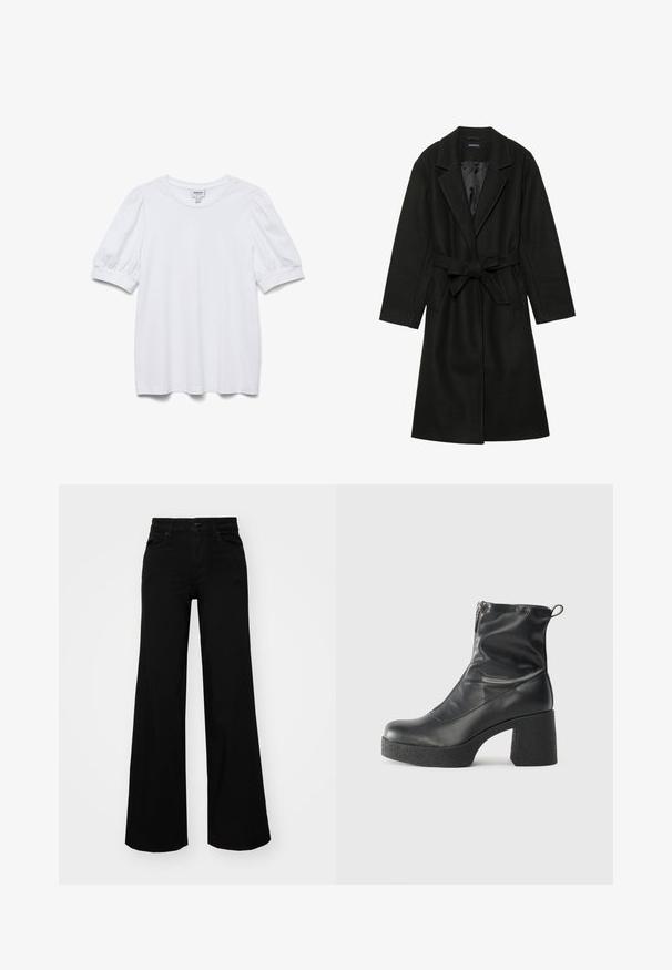 Even&Odd BELTED COAT - Klasični plašč - black; Bela kratka majica s kratkimi rokavi in krožnim izrezom ter napihnjenimi rokavi. Narejena iz gladkega blaga, z oznako "AWARE."; Črne široke denim hlače s strukturiranim pasom, z zankami za pas in sprednjimi žepi. Gladka tekstura s klasičnim dizajnom.; Črne gležnjarje iz gladke kože z božnim zadrgo, masivnim teksturiranim peto in zaobljeno obliko prstov.