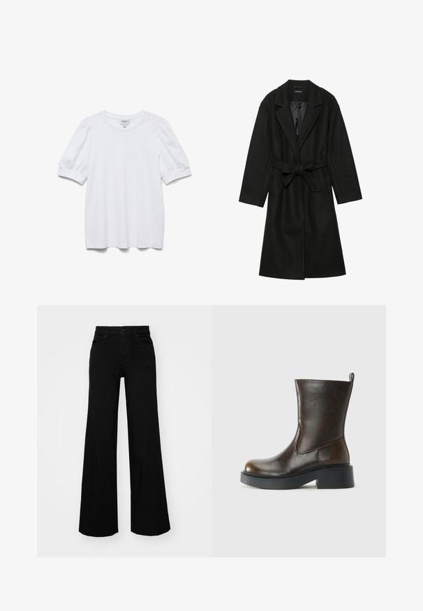 Even&Odd BELTED COAT - Klasický kabát - black; Bílý krátký top s kulatým výstřihem a nabíranými rukávy. Vyroben z hladkého materiálu, s visačkou označenou "AWARE."; Černé široké kalhoty vyrobené z denimu, s pevným pasem, poutky na opasek a předními kapsami. Hladká textura s klasickým designem.; Tmavě hnědá kožená bota do poloviny lýtek s kulatou špičkou, silnou černou podrážkou, nízkým blokovým podpatkem a poutkem na zadní straně.