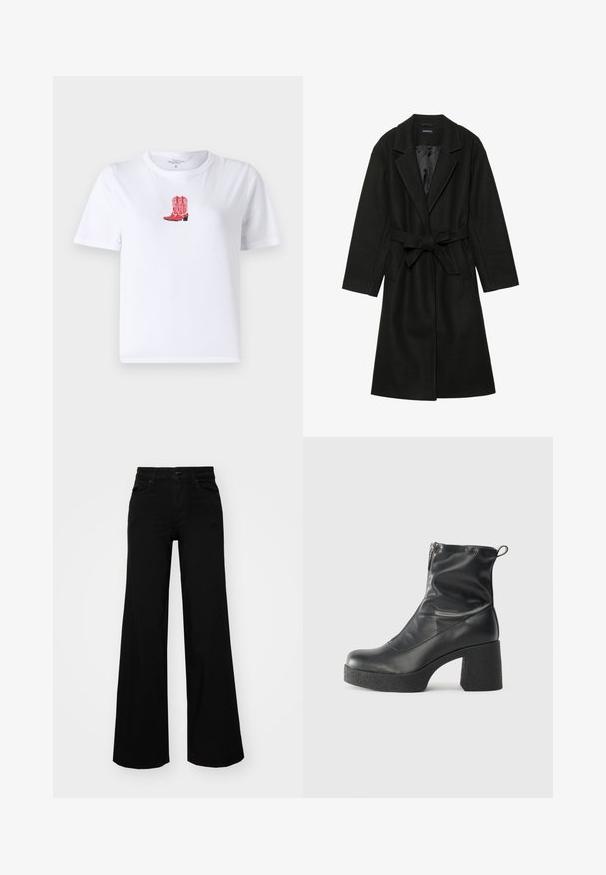 Even&Odd BELTED COAT - Klassischer Mantel - black; Weißes Baumwoll-T-Shirt mit rotem Cowboy-Stiefel-Stickerei in der Mitte. Kurze Ärmel, runder Ausschnitt und leichtes Material.; Schwarze weit geschnittene Hose aus Denim, mit einem strukturierten Bund, Gürtelschlaufen und Fronttaschen. Glatte Textur mit klassischem Design.; Schwarze Stiefeletten aus glattem Leder mit seitlichem Reißverschluss, klobigem strukturiertem Absatz und runder Zehenform.