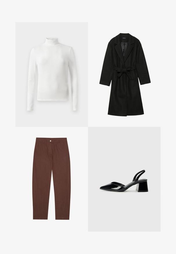 Even&Odd BELTED COAT - Casaco clássico - black; Top de gola alta de manga longa, feito de tecido canelado, com um ajuste slim e design minimalista. Sem padrões ou detalhes visíveis.; Calças de algodão castanhas com um design de perna reta, apresentando um fecho frontal com botão e bolsos laterais. Textura suave com detalhes de costura mínimos.; Sandy em verniz preto com salto slingback, ponta afilada e salto geométrico. Apresenta um design elegante e minimalista com textura suave.