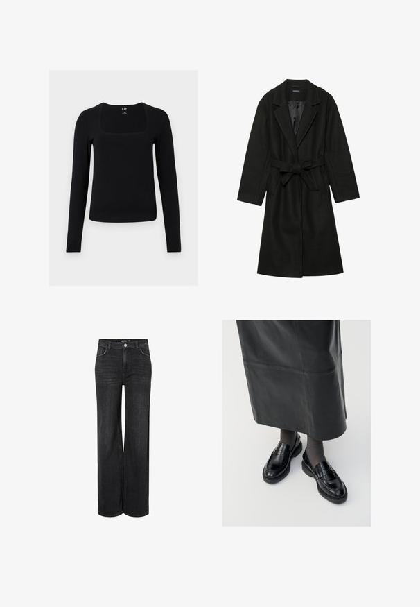 Even&Odd BELTED COAT - Klassisk kåpe / frakk - black; Svart langermet topp med firkantet hals, laget av et mykt, elastisk materiale. Har en formsydd design og enkel, minimalistisk stil.; Videbukser i sort denim med klassisk fem-lomme design, front lukning med knap og subtile stikninger.; Sorte lær loafers med en glat overflade, der har et dekorativt spænde, rund tå og tekstureret sål. Båret med en lang sort lædernederdel.